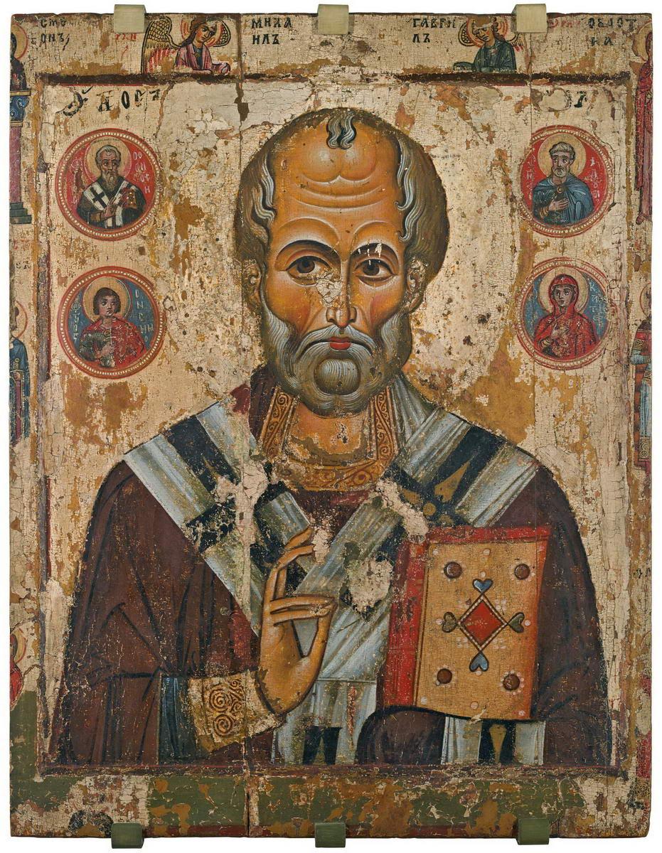 Святой Николай Чудотворец, с избранными святыми на фоне и полях, first half of the 13th century