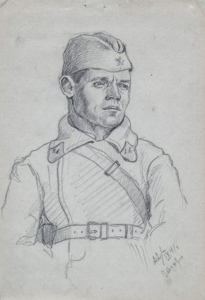 Поясной портрет солдата в бушлате, подпоясанном ремнём