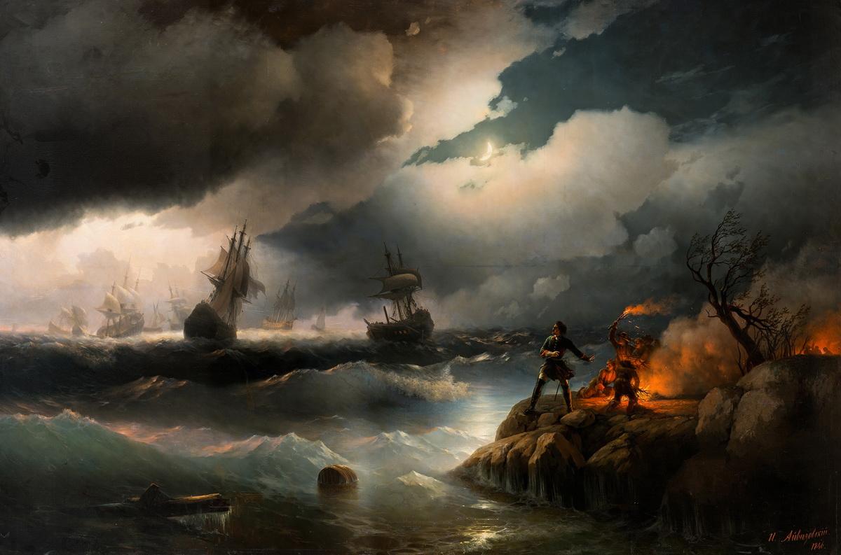 Петр I при Красной Горке, зажигающий костер на берегу для подачи сигнала гибнущим судам своим, Ivan Aivazovsky, 1846