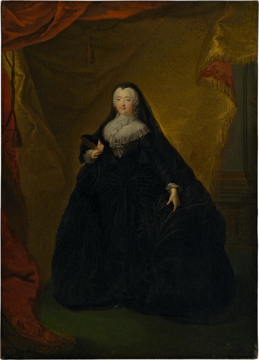 Портрет императрицы Елизаветы Петровны (1709–1761) в черном маскарадном домино с маской в руке, Louis Caravaque, 1750s