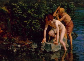 Старик, опирающийся на палку, и мальчик, выходящий из воды (на фоне пейзажа)