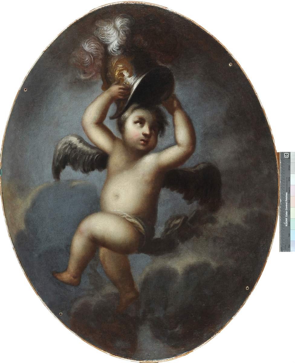 Плафон овальный «Амур, несущий шлем, украшенный перьями», early 18th century
