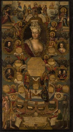 Portrait of Tsarevna Natalia Alexeyevna, sister of Peter I, with Portraits of Tsarina Catherine, Tsareviches Alexis Petrovich, Peter Petrovich and Peter Alexeyevich