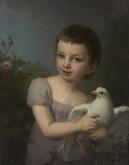 Ребенок в лиловом платье с голубем