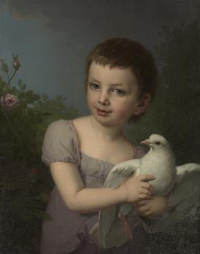 Ребенок в лиловом платье с голубем