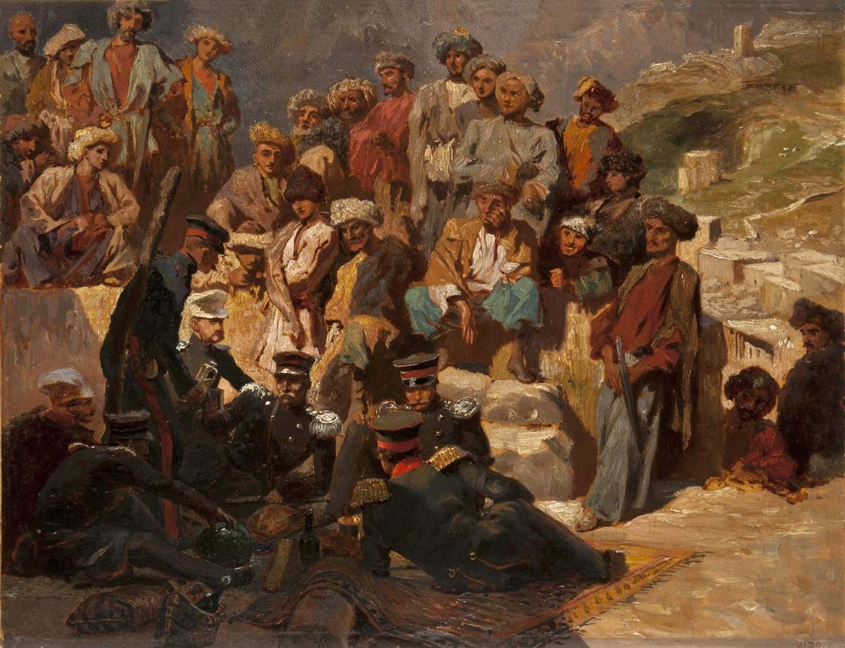 Офицеры на привале в ауле Сиук (Сиух) в Дагестане, Grigory Gagarin, between 1840 and 1847
