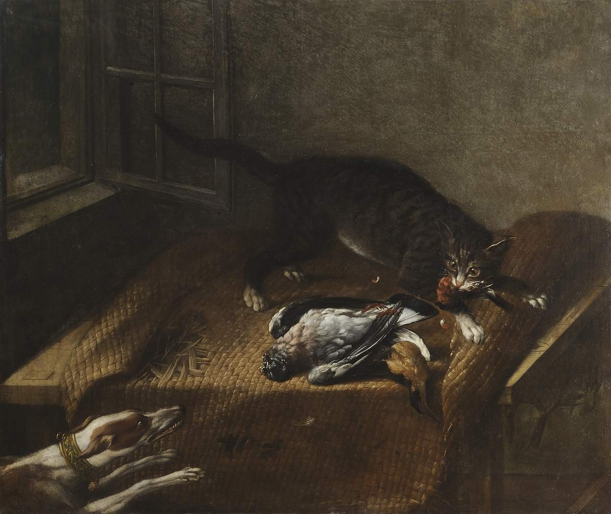 Собака и кошка у стола с битой птицей, Groot Iogann Fridrikh, 1754