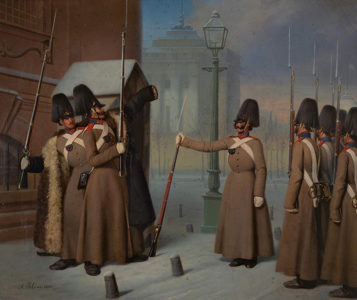 Смена караула лейб-гвардии Измайловского полка у Зимнего дворца, Adolf Jebens, 1850