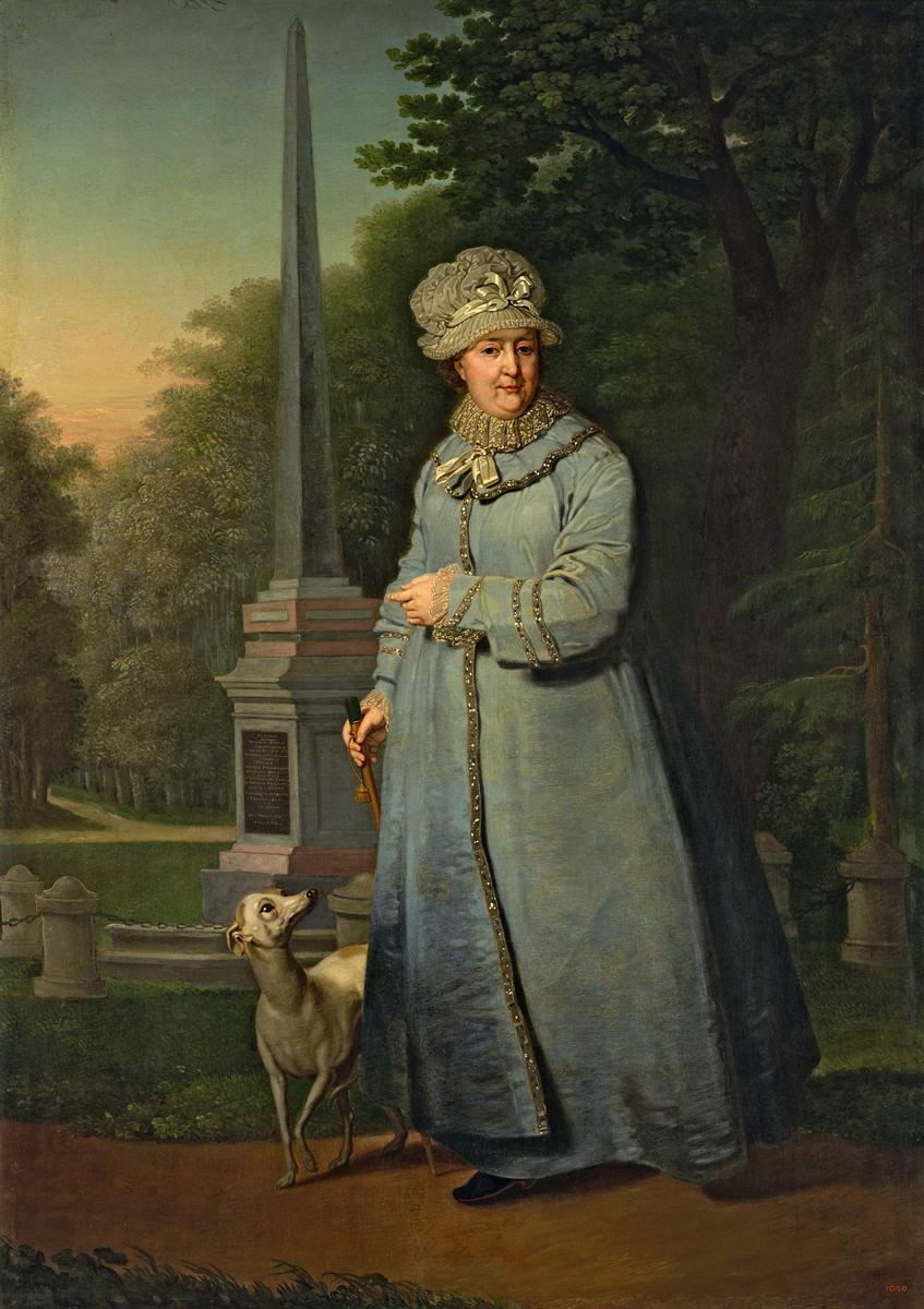 Екатерина II на прогулке в Царскосельском парке (С обелиском „Румянцева победам“ на фоне), Vladimir Borovikovsky, late 1800s – early 1810s