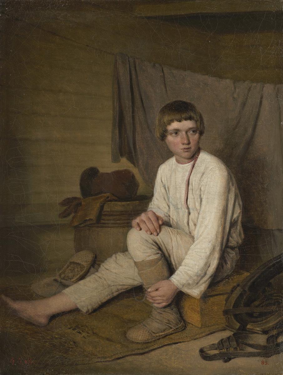 Крестьянский мальчик, надевающий лапти, Alexey Venetsianov, between 1823 and 1826