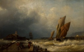 Вход рыбачьего судна в бурю в гавань Сен-Валери в Ко (Франция)