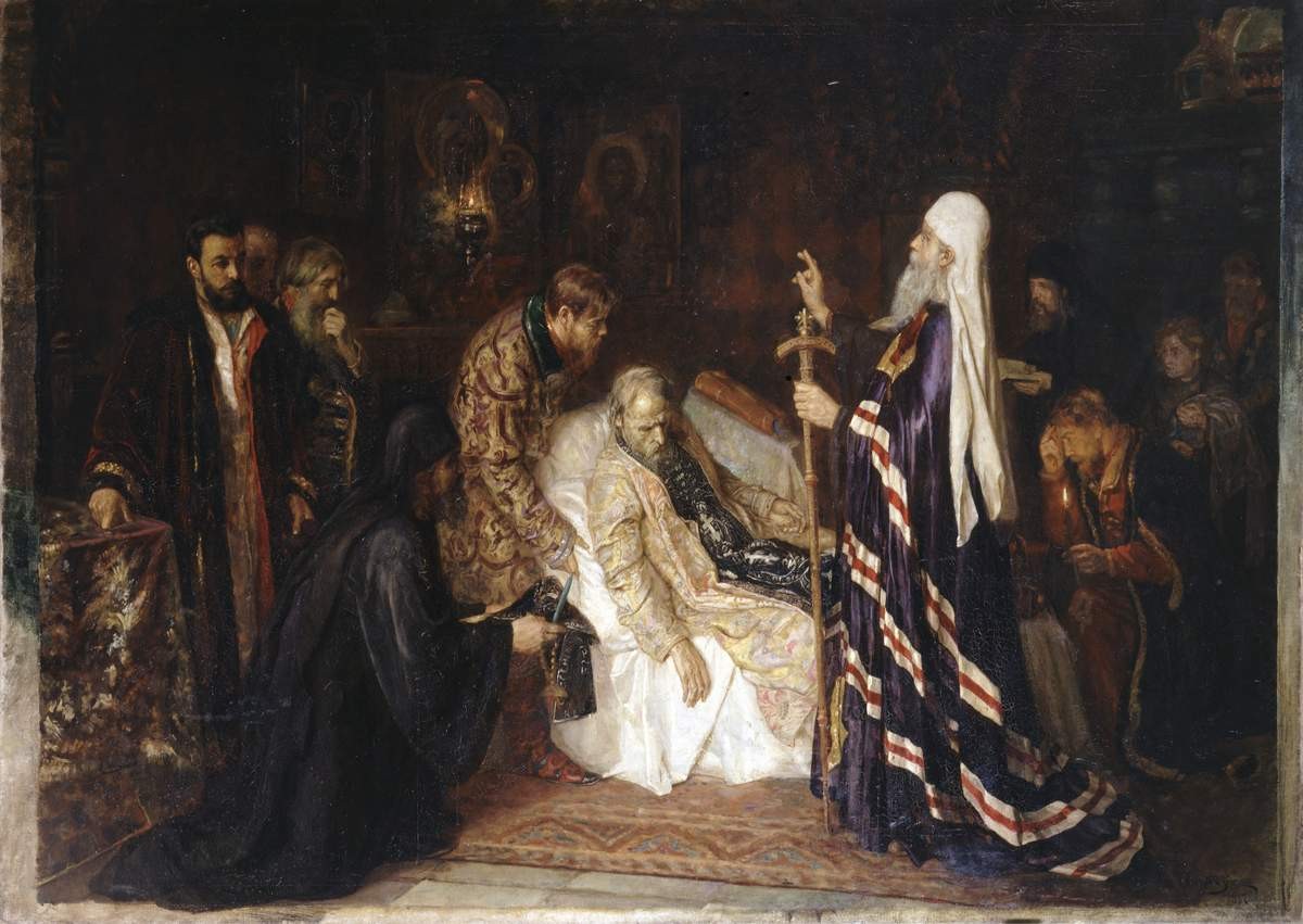 Митрополит перед кончиною Иоанна Грозного посвящает его в схиму, Petr Geller, 1887