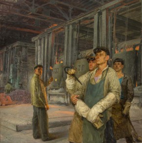 Знатный сталевар завода «Серп и молот» М. Г. Гусаров со своей бригадой