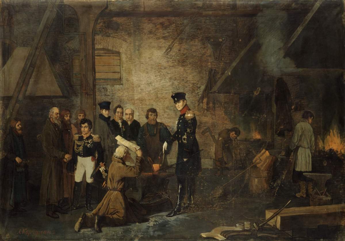 Александр I на Верх-Исетском заводе в Екатеринбурге в 1824 году, Alexei Korzukhin, 1877