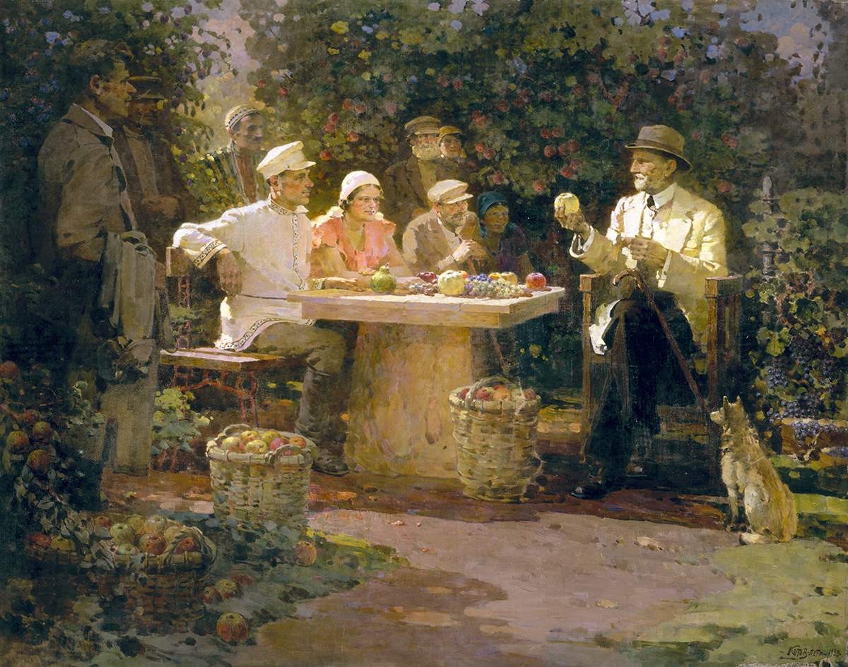 Колхозники у И. В. Мичурина (Садоводы в гостях у И. В. Мичурина), Pyotr Kotov, 1939