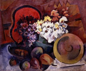 Large Still Life with Artificial Flowers, Red Tray and Wooden Plate
