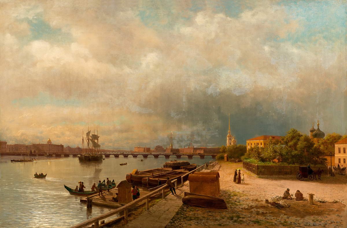 Вид на Неву и Петровскую набережную с домиком Петра I, Lev Lagorio, 1859
