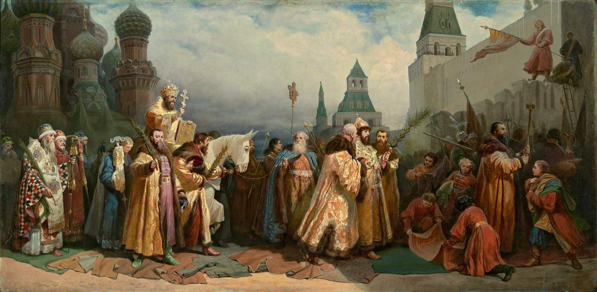 Вербное воскресение в Москве при царе Алексее Михайловиче. Шествие патриарха на осляти, Vyacheslav Schwarz, 1865