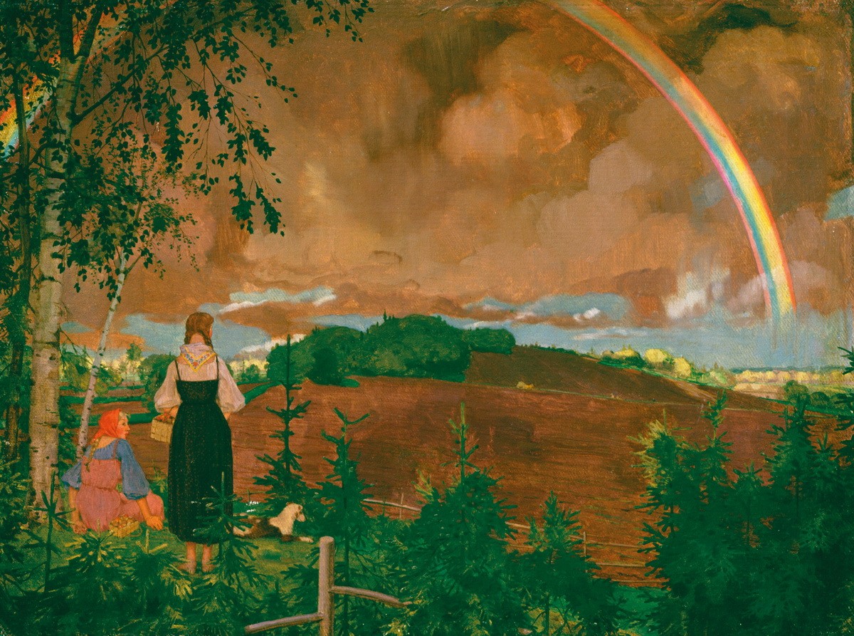 Пейзаж с двумя крестьянскими девушками и радугой, Konstantin Somov, 1918