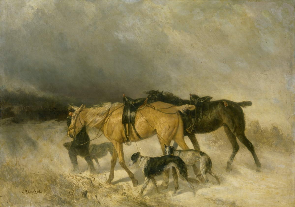 Лошади и борзые, застигнутые бураном, Nikolai Sverchkov, second half of the 1870s