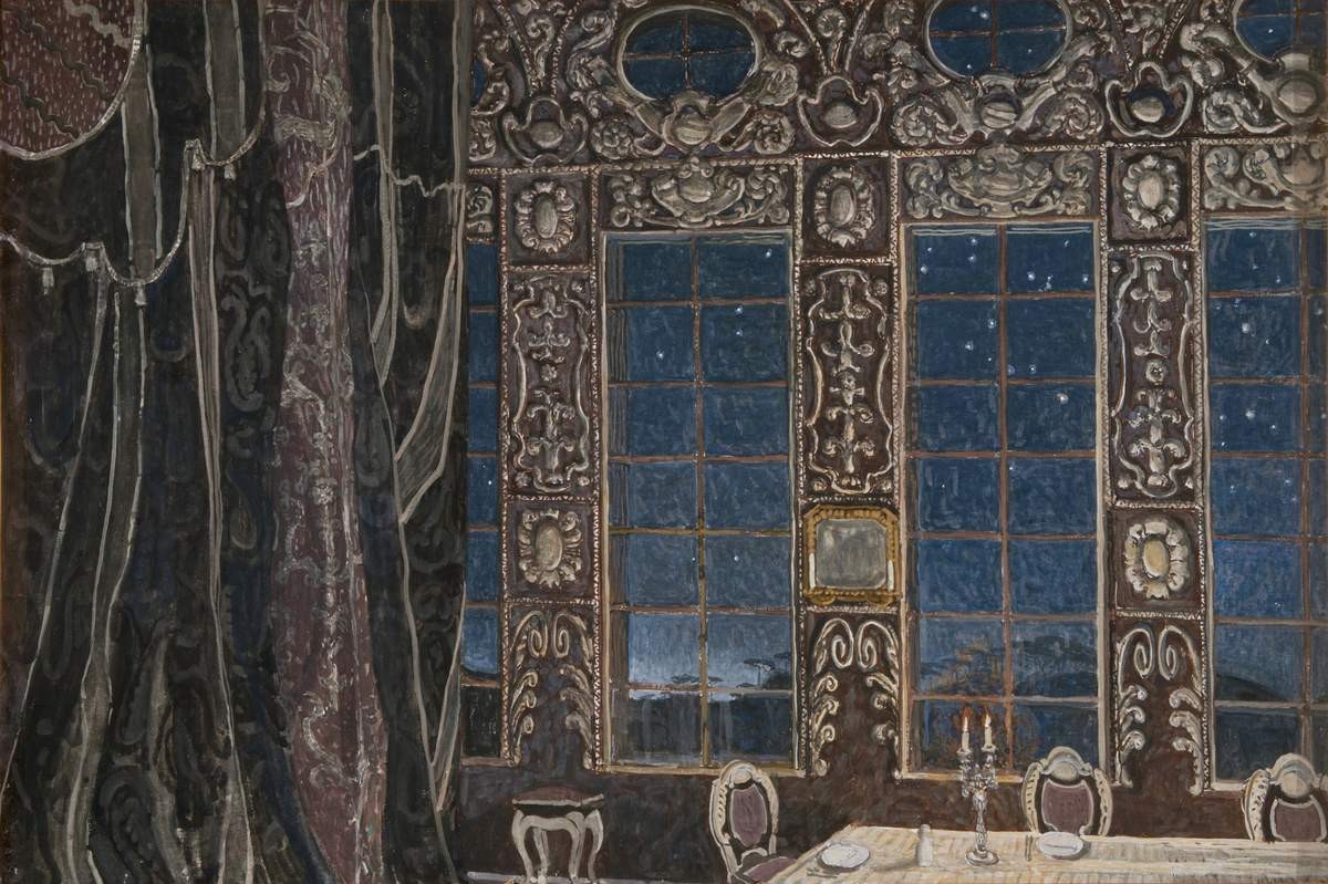 Столовая у Дон-Жуана. Эскиз декорации к комедии Ж. Б. Мольера «Дон-Жуан» для Александринского театра. Действие IV, Aleksandr Golovin, 1910