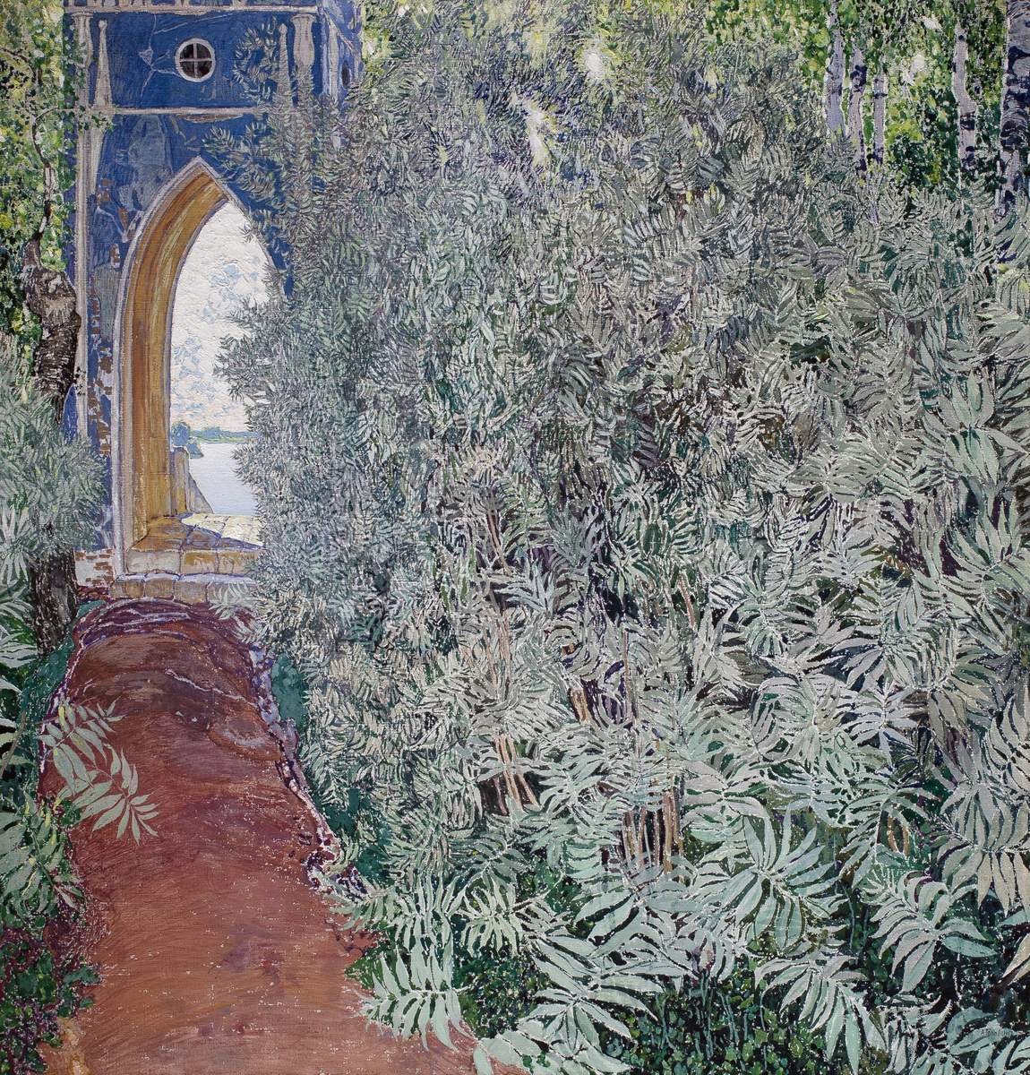 Вид в парке. Пейзаж с голубым павильоном, Aleksandr Golovin, 1910
