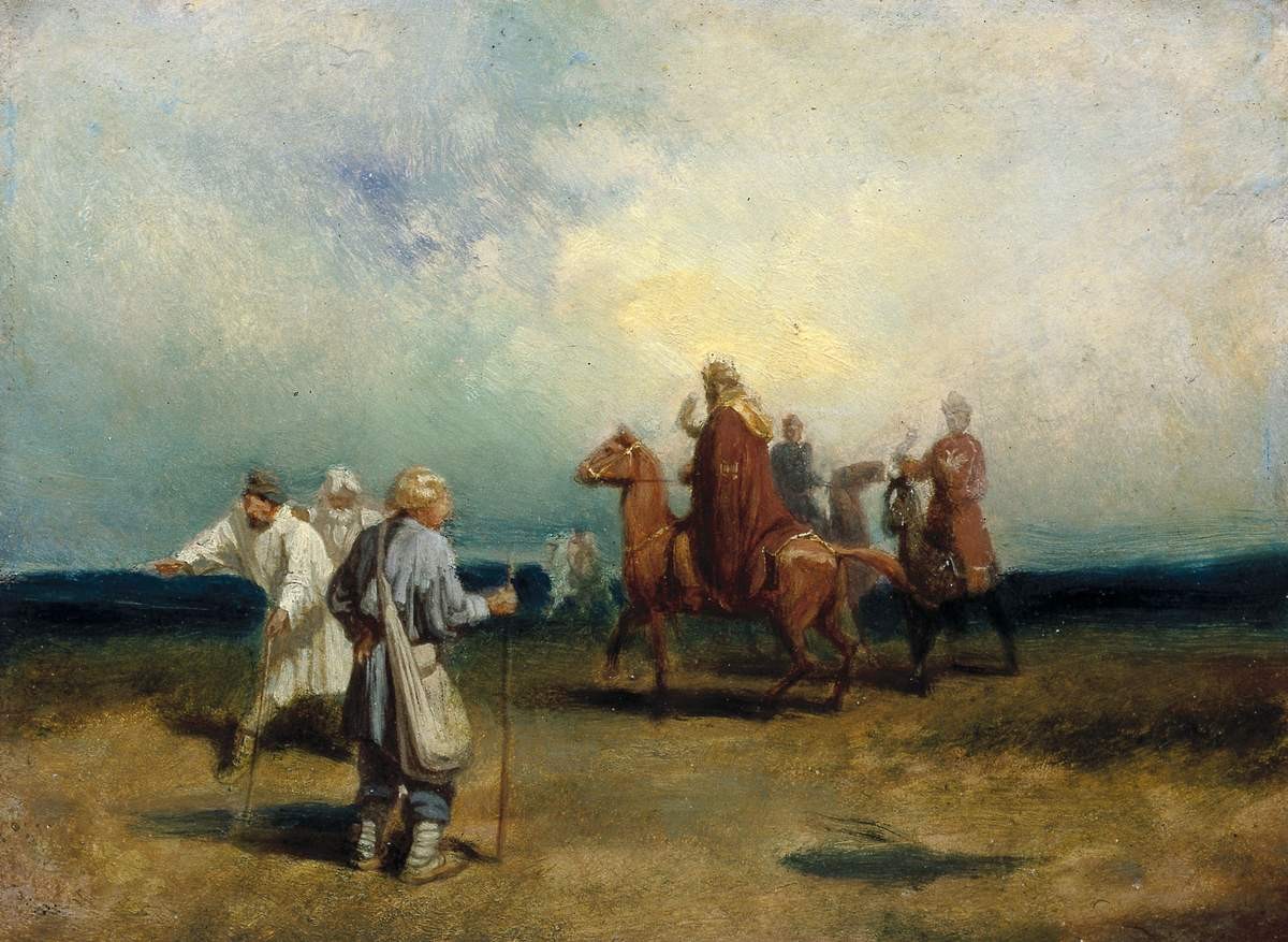 Иван Грозный на соколиной охоте, встречающий слепых, Vyacheslav Schwarz, 1868