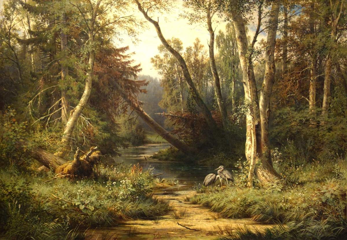 Лесной пейзаж с цаплями, Ivan Shishkin, 1870