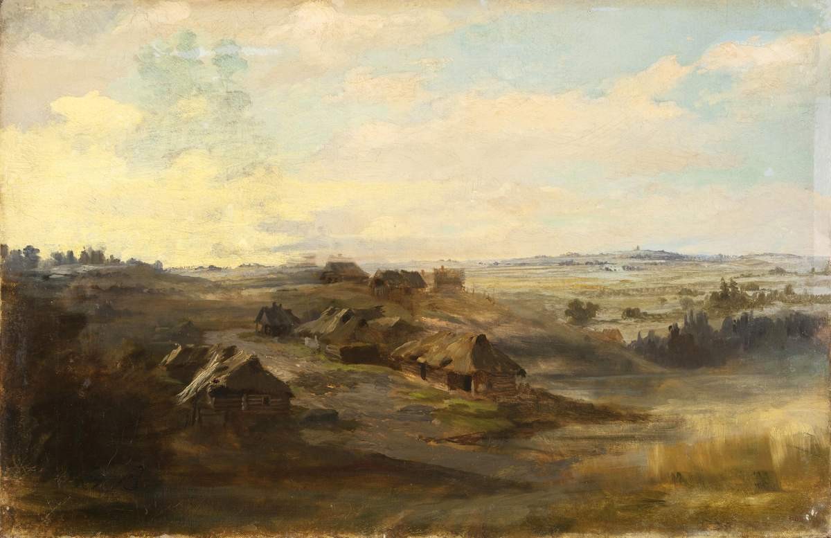Пейзаж с избами и прудом в окрестностях Петербурга, Fyodor Vasilyev, 1869 –1870