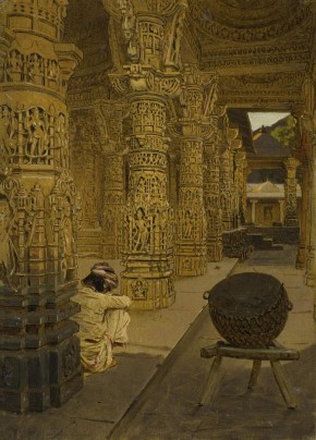 Колоннада в джайнском храме на горе Абу (вечером)