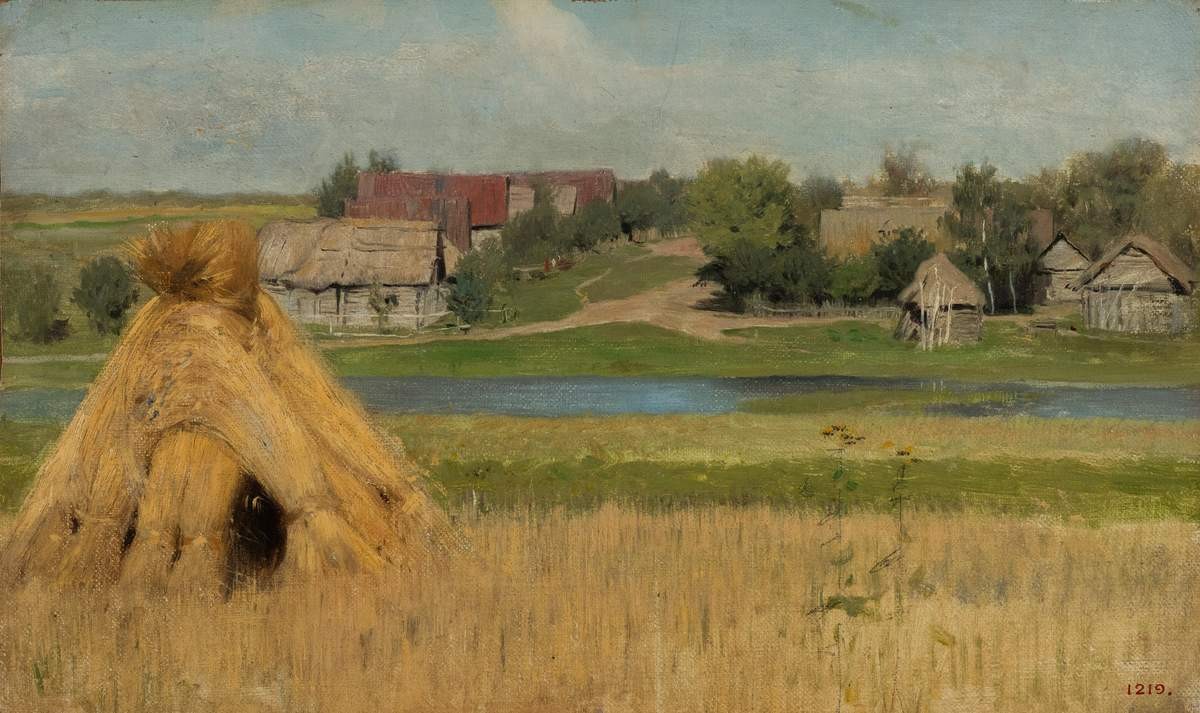 Снопы и деревня за рекой, Isaac Levitan, first half of the 1880s