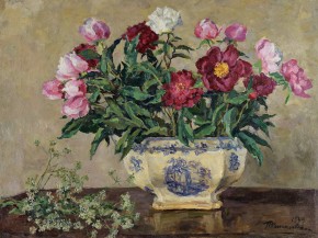 Натюрморт. Пионы в фаянсовой вазе
