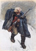 Старый солдат, спускающийся по склону снежной горы