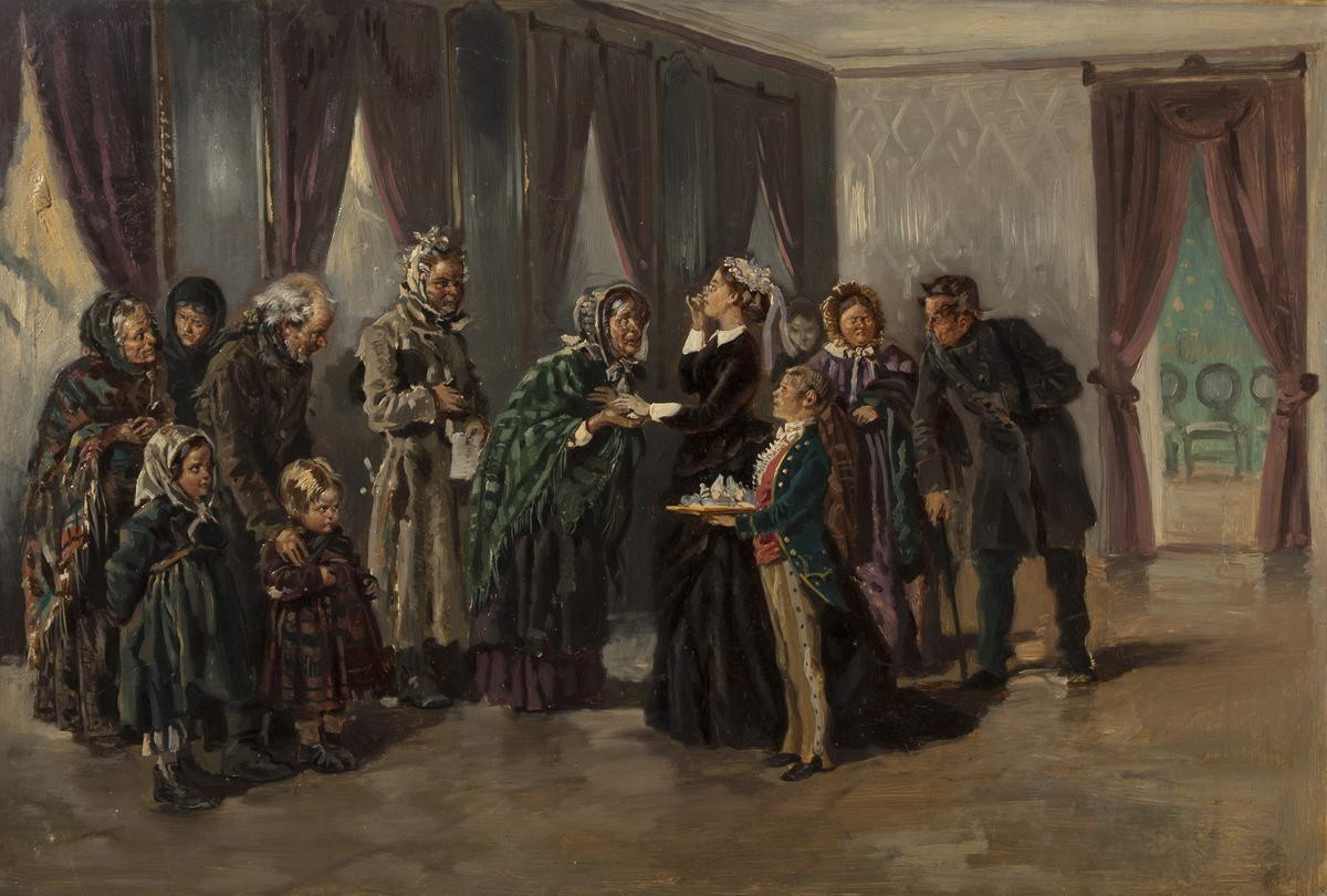 Раздача милостыни бедным в господском доме, Vladimir Makovsky, 1860s