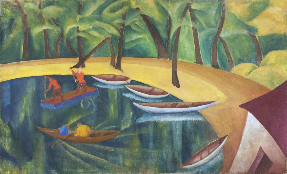 Пруд с лодками и плотом, Iosif Shkolnik, 1920