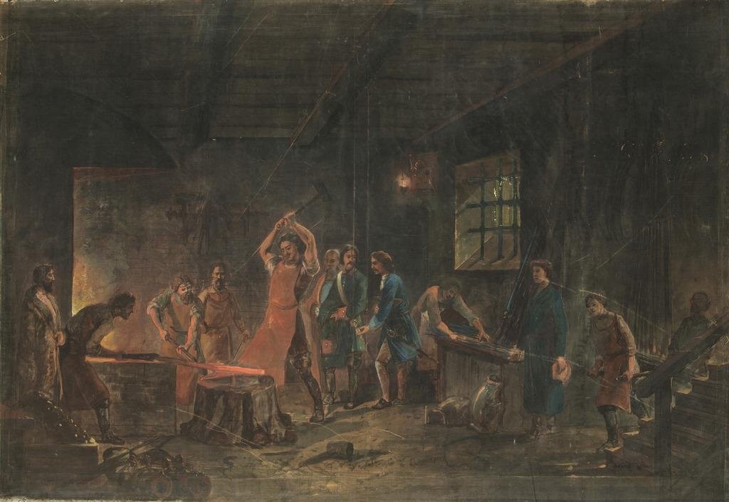 Развитие железных заводов / Петр кует железо, Nikolay Karazin, 1872