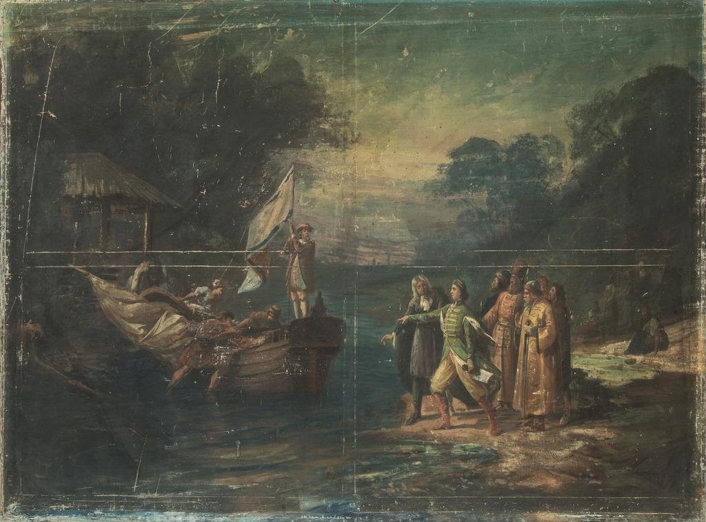 Зарождение флота / Карстен Брандт спускает бот на Яузу (1688), Mikhail Bocharov, 1872